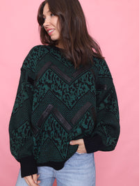 Vintage Green & Black Chevron Knit Jumper With Leather Detail