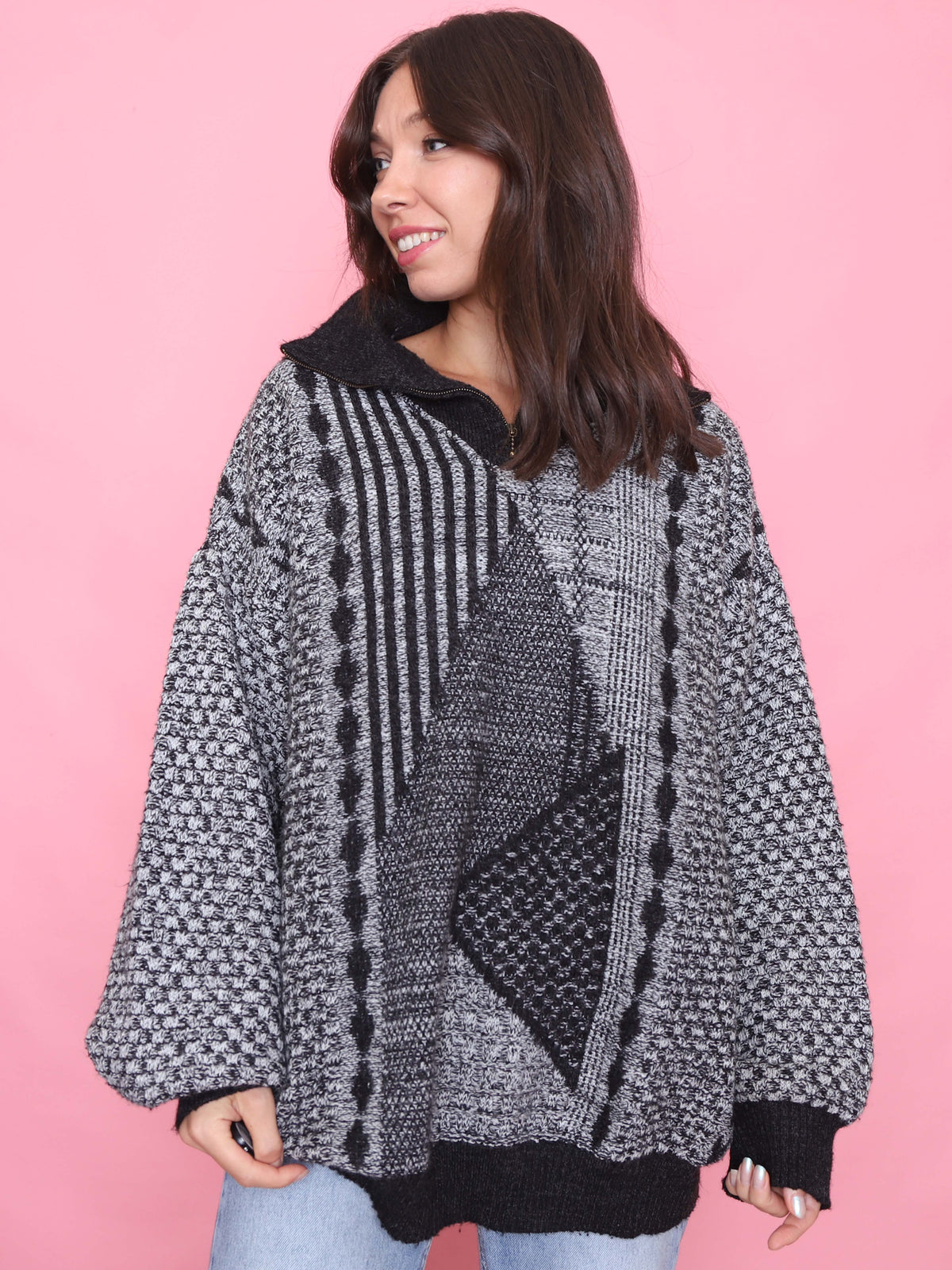 Vintage Monochrome 1/4 Zip Chunky Knit Jumper