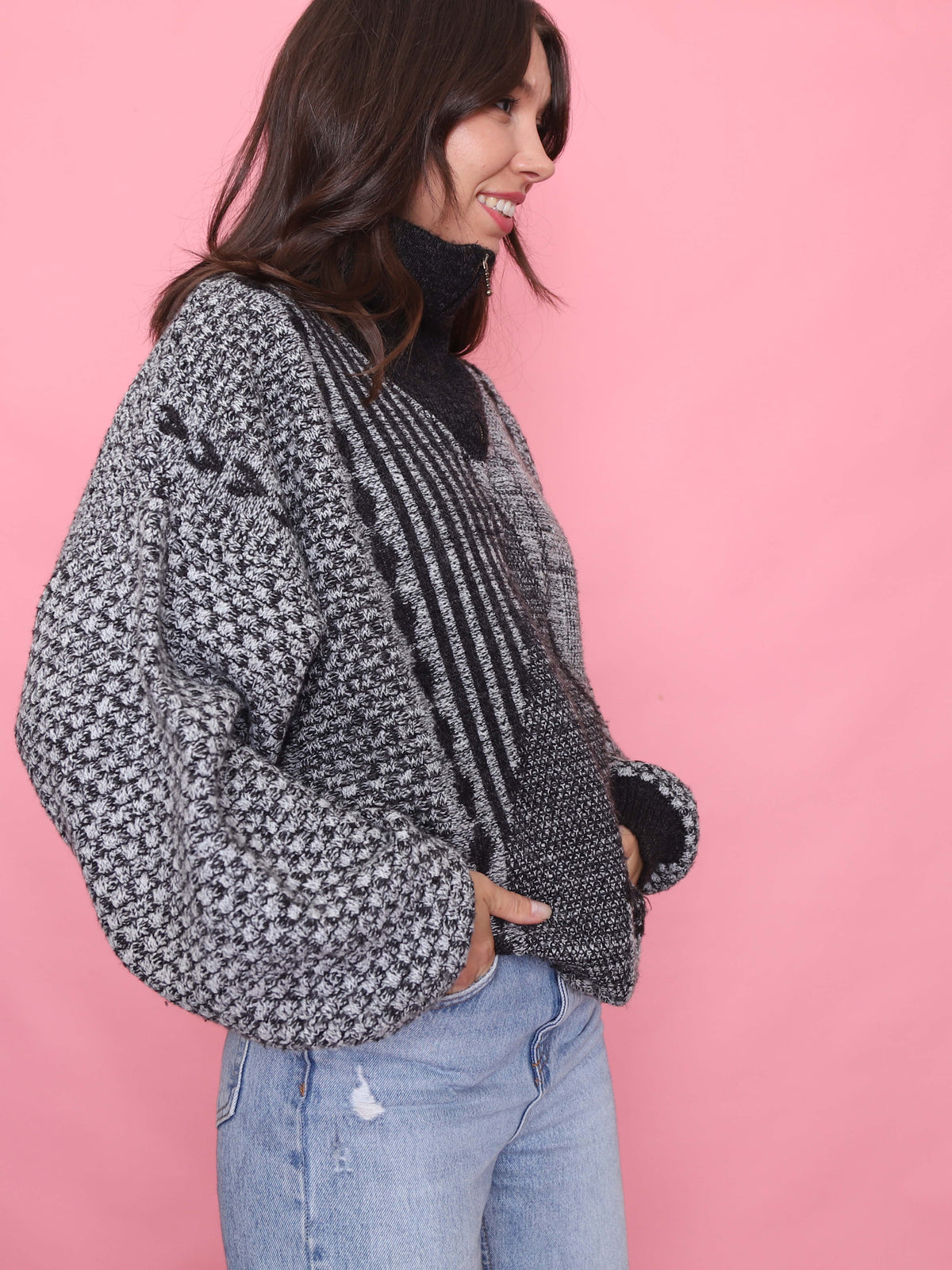 Vintage Monochrome 1/4 Zip Chunky Knit Jumper