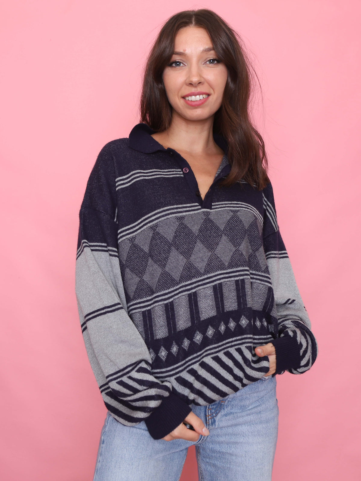 Vintage Navy & Grey Diamond Pattern 1/4 Button Knitted Jumper