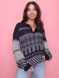 Vintage Navy & Grey Diamond Pattern 1/4 Button Knitted Jumper