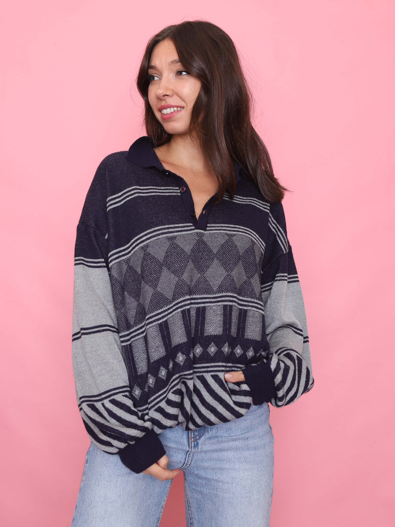 Vintage Navy & Grey Diamond Pattern 1/4 Button Knitted Jumper