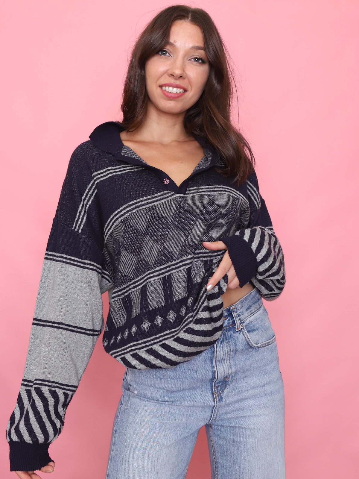 Vintage Navy & Grey Diamond Pattern 1/4 Button Knitted Jumper