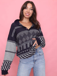 Vintage Navy & Grey Diamond Pattern 1/4 Button Knitted Jumper