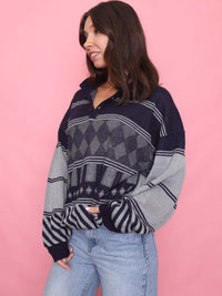 Vintage Navy & Grey Diamond Pattern 1/4 Button Knitted Jumper