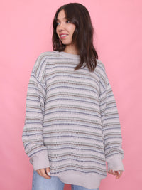 Vintage Neutral Beige & Blue Striped Knit Jumper