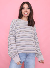 Vintage Neutral Beige & Blue Striped Knit Jumper