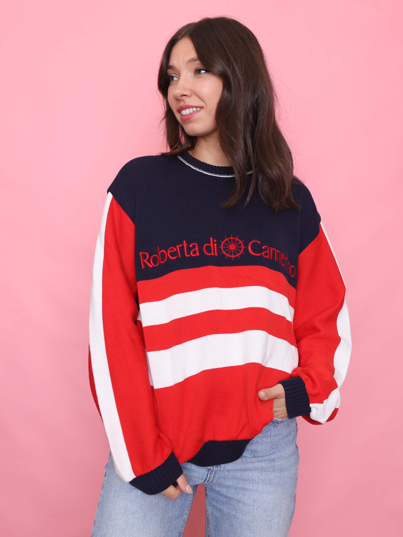 Vintage Red, White & Navy Striped Knit Jumper
