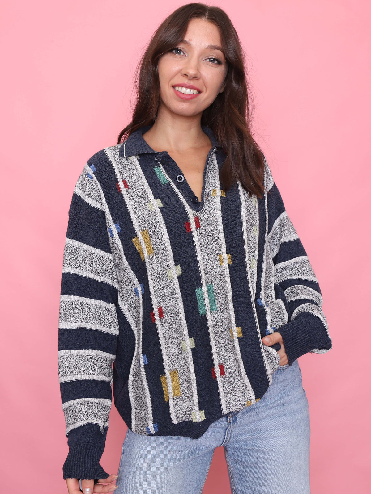 Vintage Navy & Grey Pattern 1/4 Button Knitted Jumper
