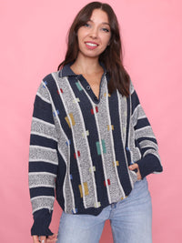 Vintage Navy & Grey Pattern 1/4 Button Knitted Jumper