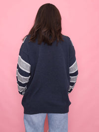 Vintage Navy & Grey Pattern 1/4 Button Knitted Jumper