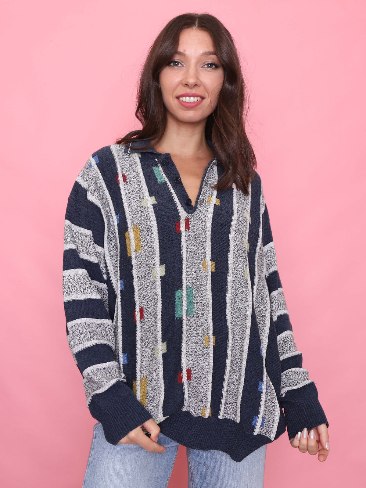 Vintage Navy & Grey Pattern 1/4 Button Knitted Jumper