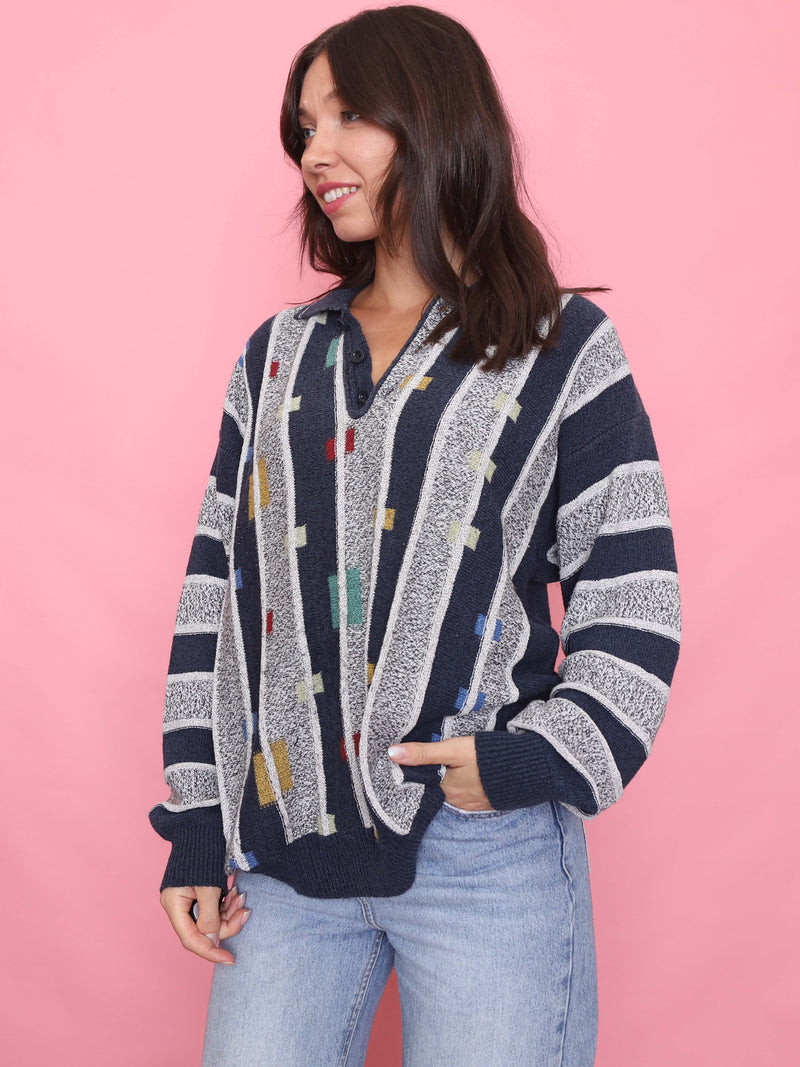 Vintage Navy & Grey Pattern 1/4 Button Knitted Jumper