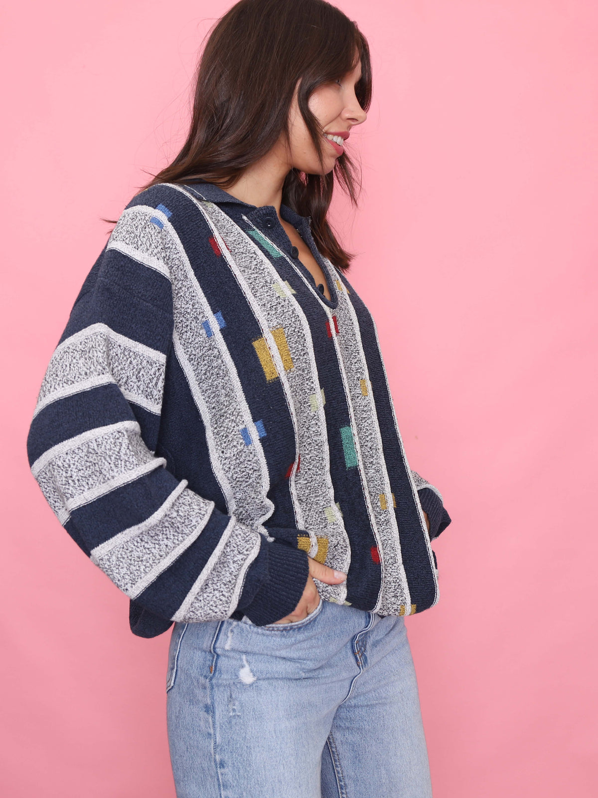 Vintage Navy & Grey Pattern 1/4 Button Knitted Jumper