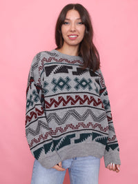 Vintage Grey, Burgundy & Green Patterned Knit Jumper