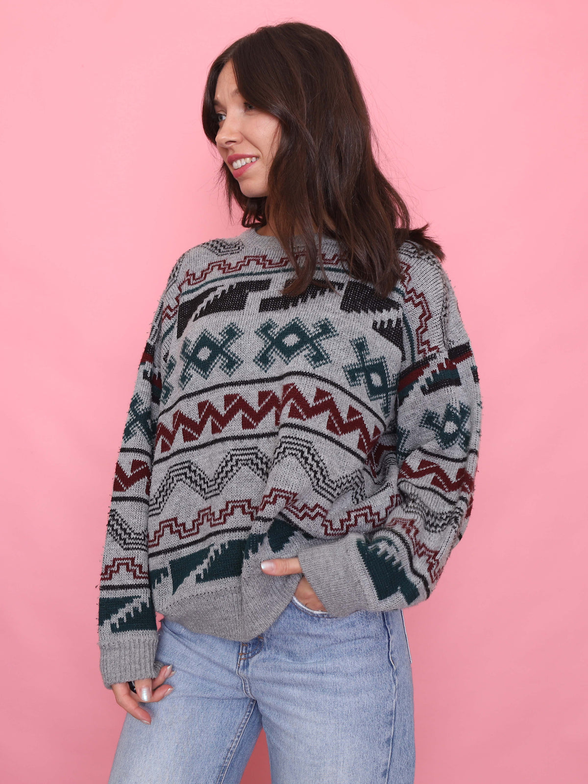 Vintage Grey, Burgundy & Green Patterned Knit Jumper