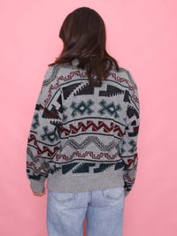 Vintage Grey, Burgundy & Green Patterned Knit Jumper