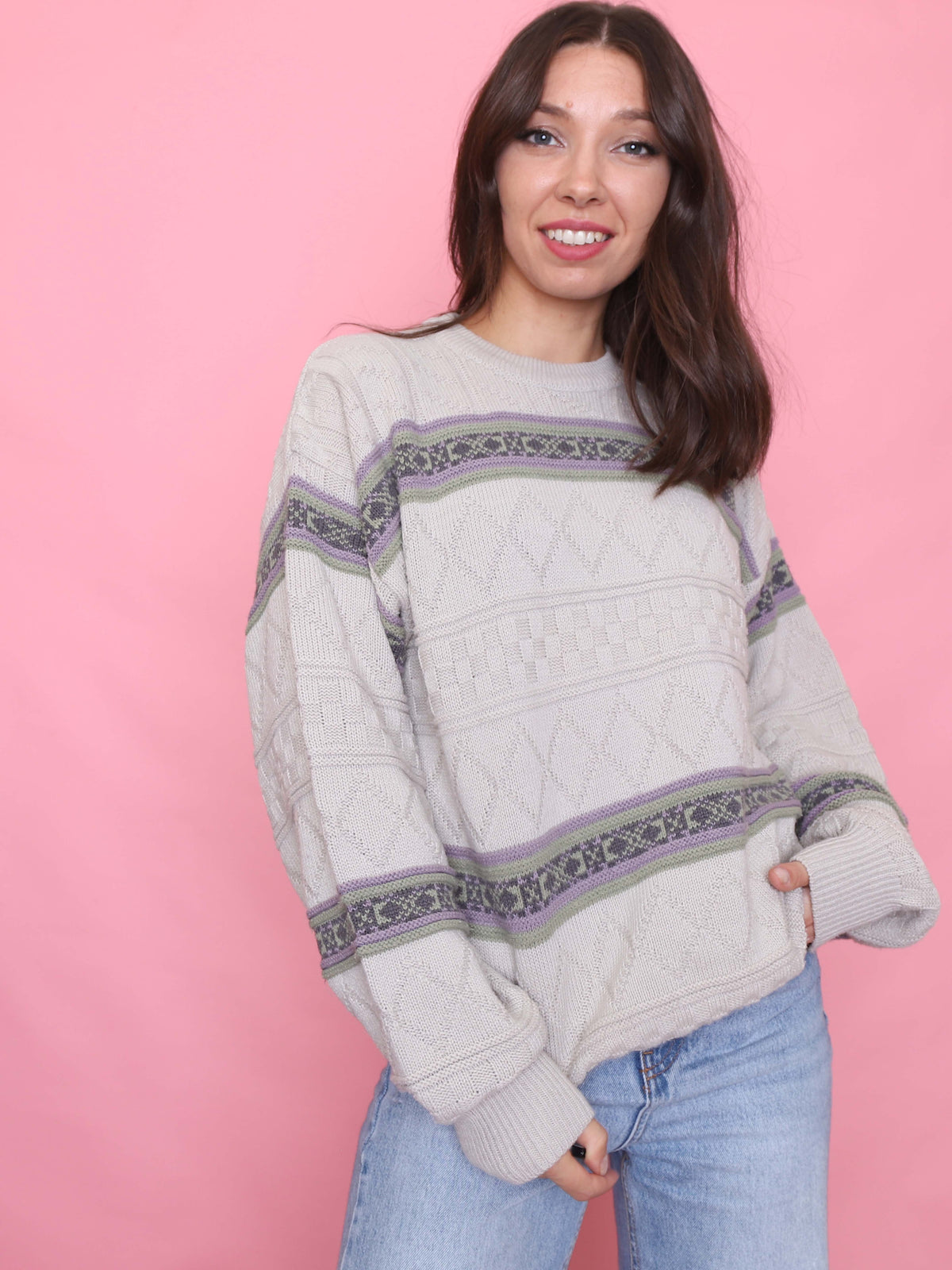 Vintage Diamond Knit Jumper Beige with Purple & Green Stripes