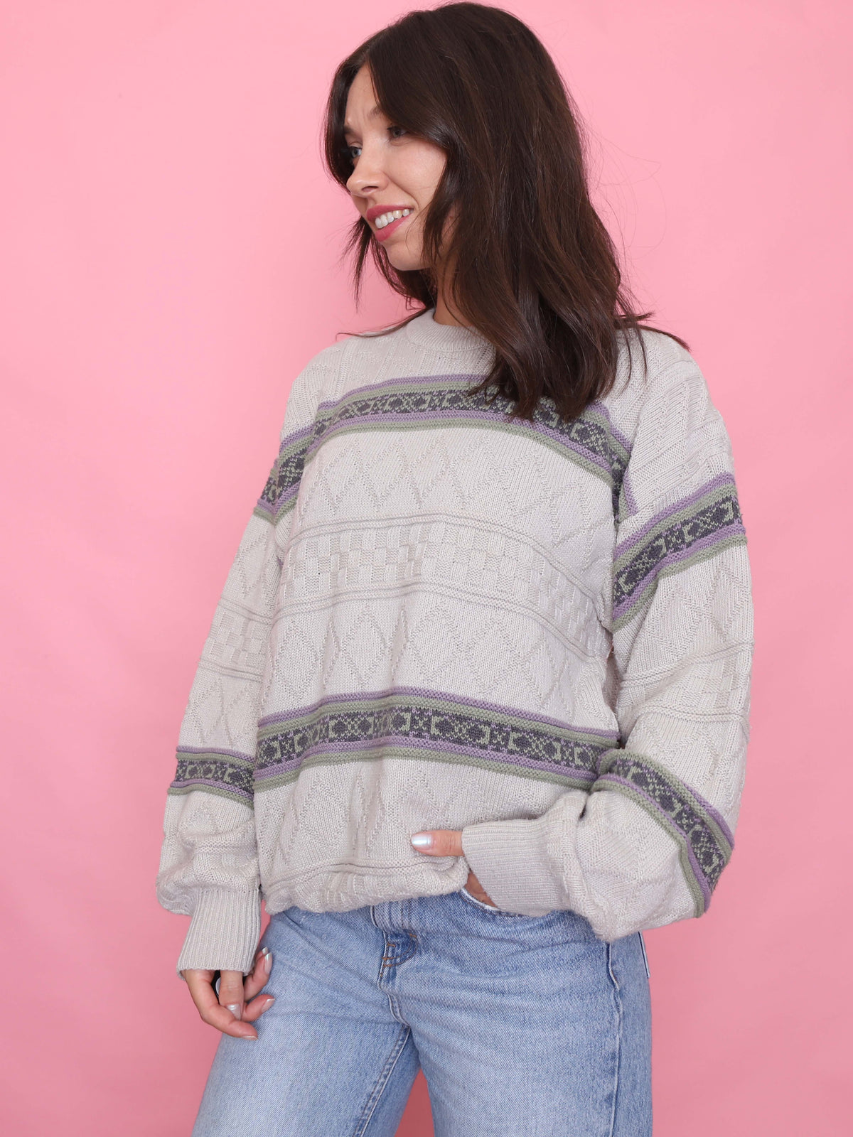 Vintage Diamond Knit Jumper Beige with Purple & Green Stripes