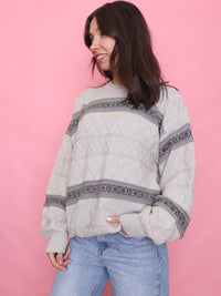 Vintage Diamond Knit Jumper Beige with Purple & Green Stripes