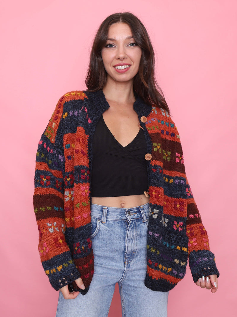 Vintage Colourful Patterned Chunky Knit Wool Cardigan