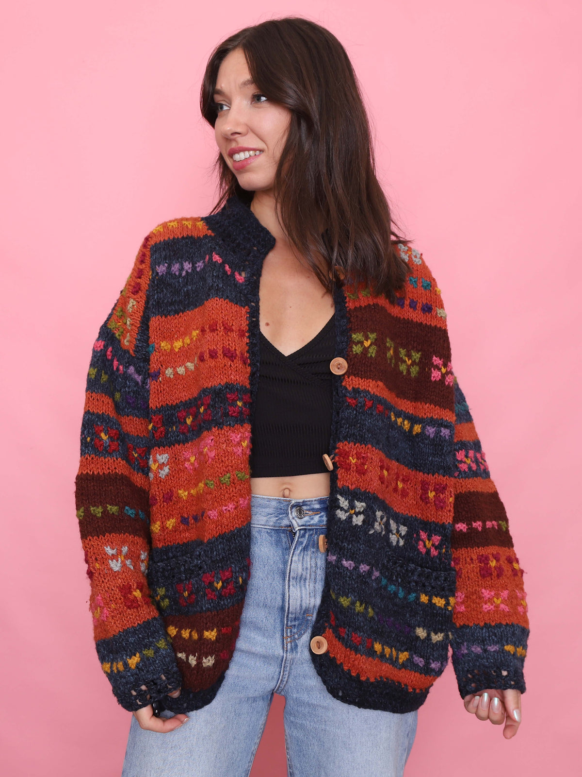 Vintage Colourful Patterned Chunky Knit Wool Cardigan