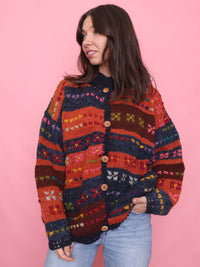 Vintage Colourful Patterned Chunky Knit Wool Cardigan