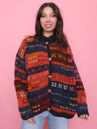 Vintage Colourful Patterned Chunky Knit Wool Cardigan