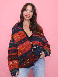 Vintage Colourful Patterned Chunky Knit Wool Cardigan