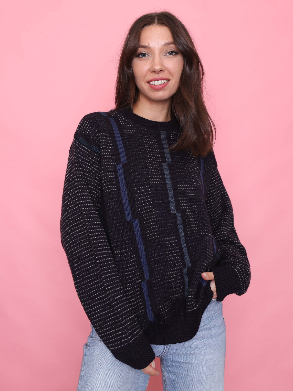 Vintage 90s Navy Blue Geometric Knit Jumper