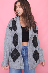 Vintage Argyle Patterned Knitted Cardigan Grey
