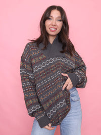 Vintage Grey Fair Isle Knit Wool Jumper with Shawl Collar