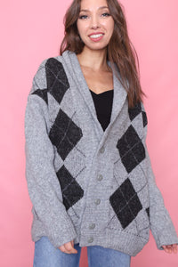 Vintage Argyle Patterned Knitted Cardigan Grey