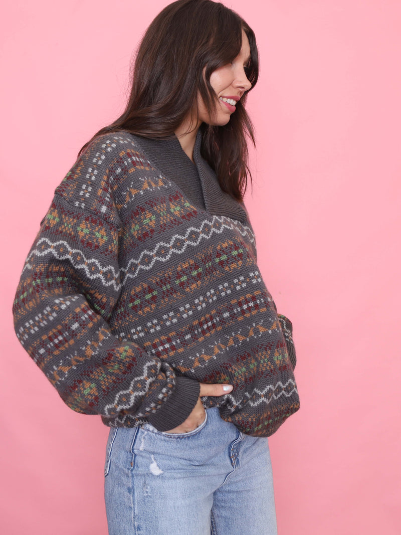 Vintage Grey Fair Isle Knit Wool Jumper with Shawl Collar