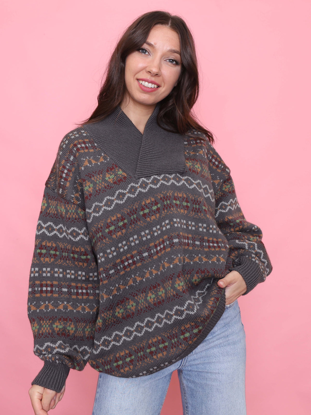 Vintage Grey Fair Isle Knit Wool Jumper with Shawl Collar