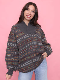 Vintage Grey Fair Isle Knit Wool Jumper with Shawl Collar