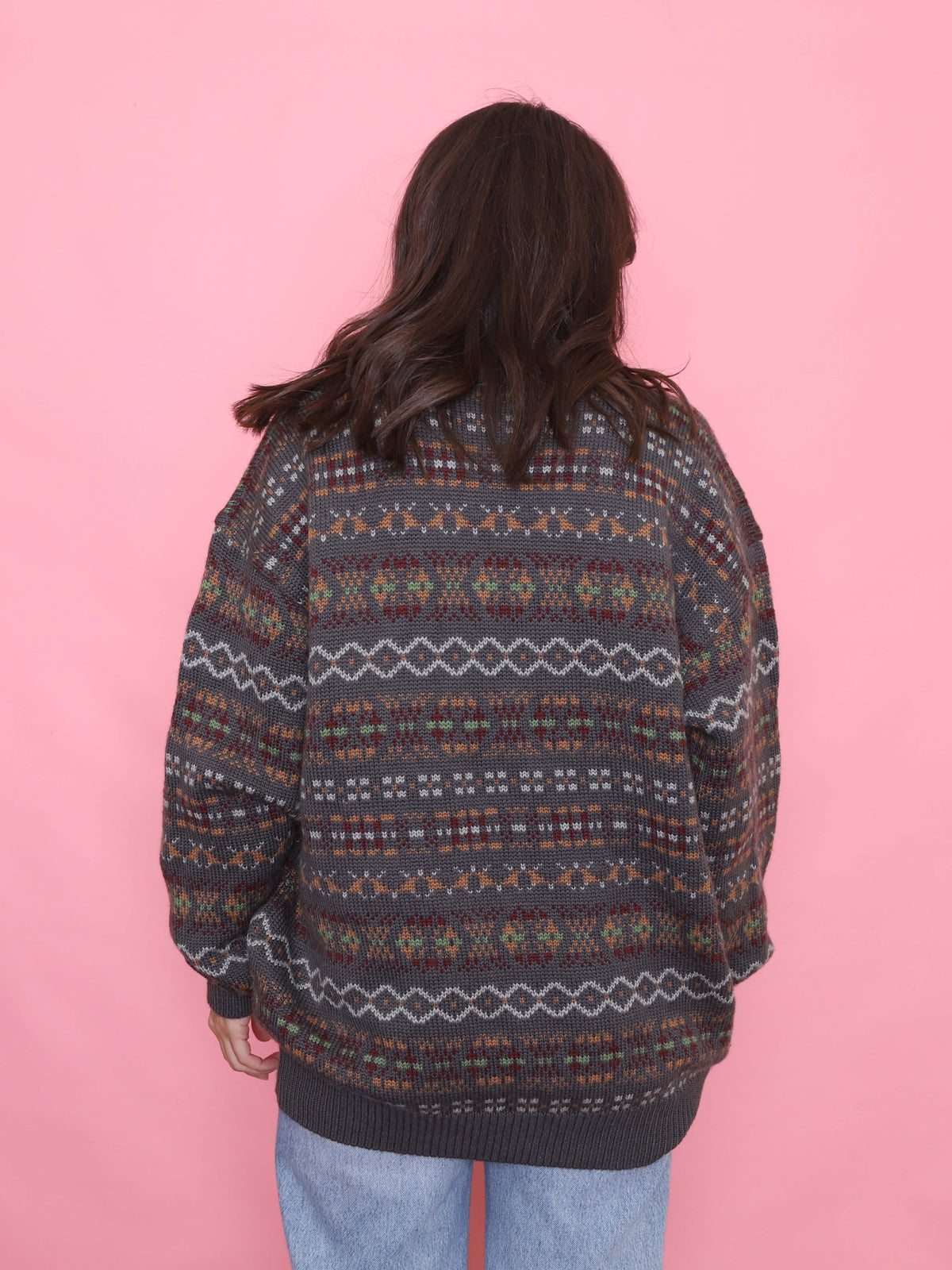 Vintage Grey Fair Isle Knit Wool Jumper with Shawl Collar