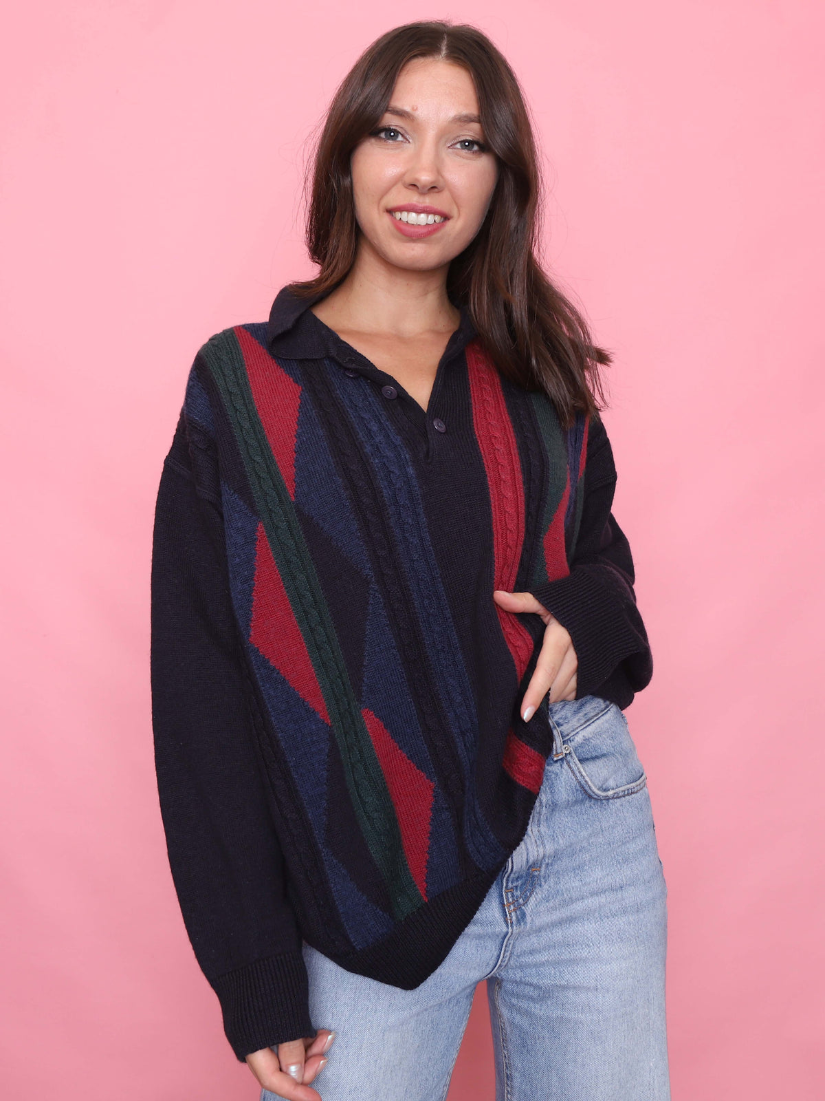 Vintage Stripe Pattern 1/4 Button Knit Jumper