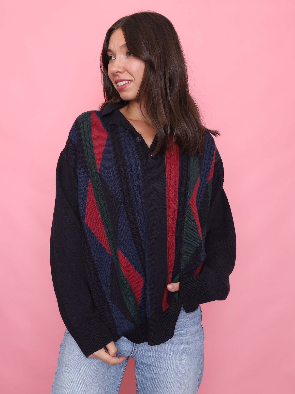Vintage Stripe Pattern 1/4 Button Knit Jumper