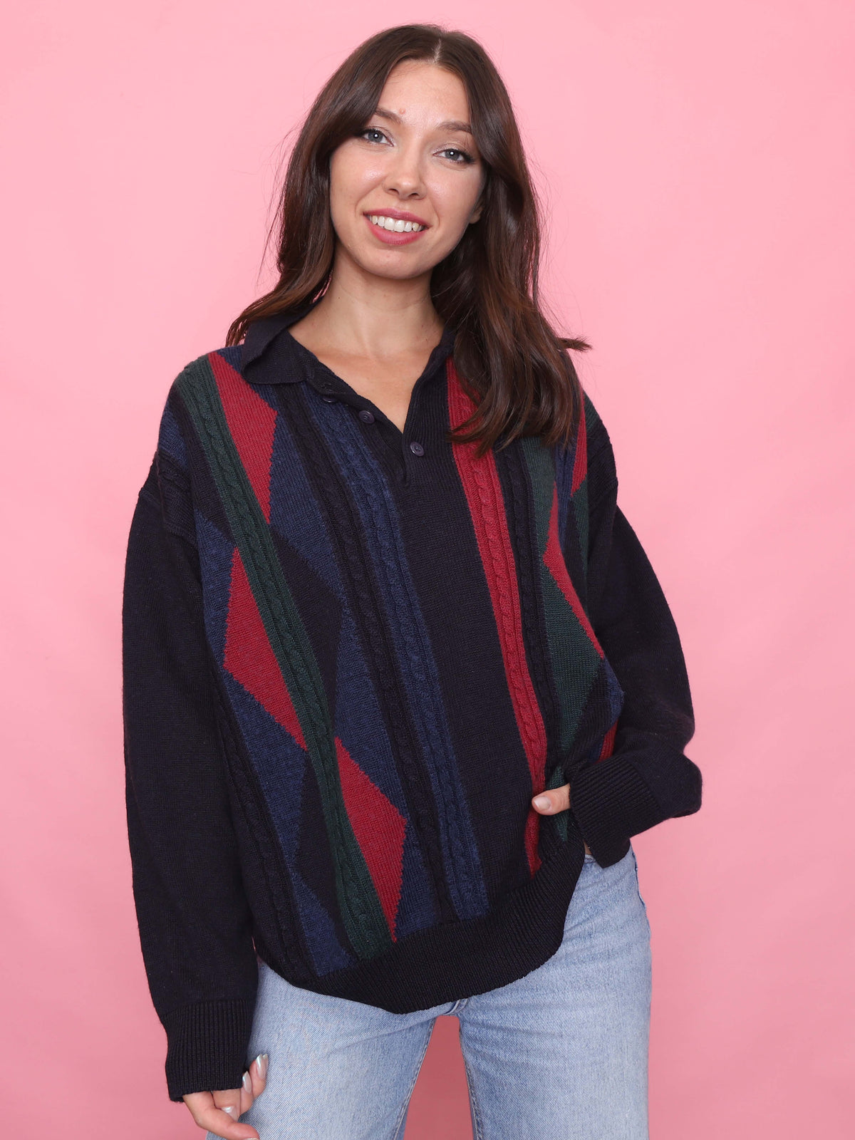 Vintage Stripe Pattern 1/4 Button Knit Jumper