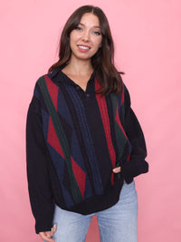 Vintage Stripe Pattern 1/4 Button Knit Jumper