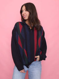 Vintage Stripe Pattern 1/4 Button Knit Jumper