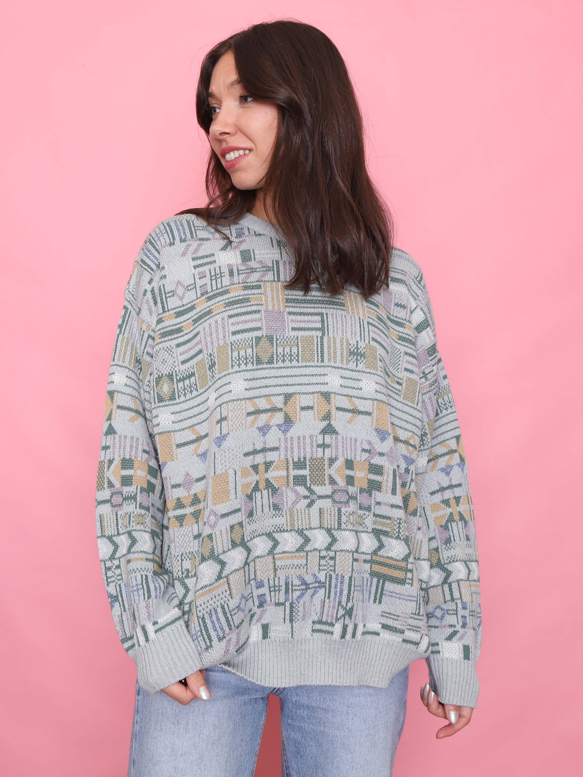 Vintage Pastel Geometric Pattern Knit Jumper