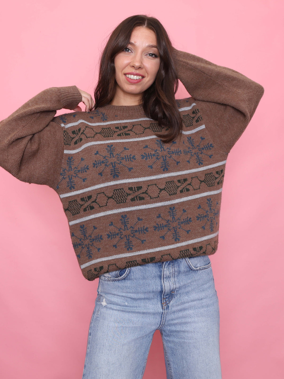 Vintage Brown Knit Jumper with Nordic Snowflake Pattern