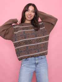 Vintage Brown Knit Jumper with Nordic Snowflake Pattern