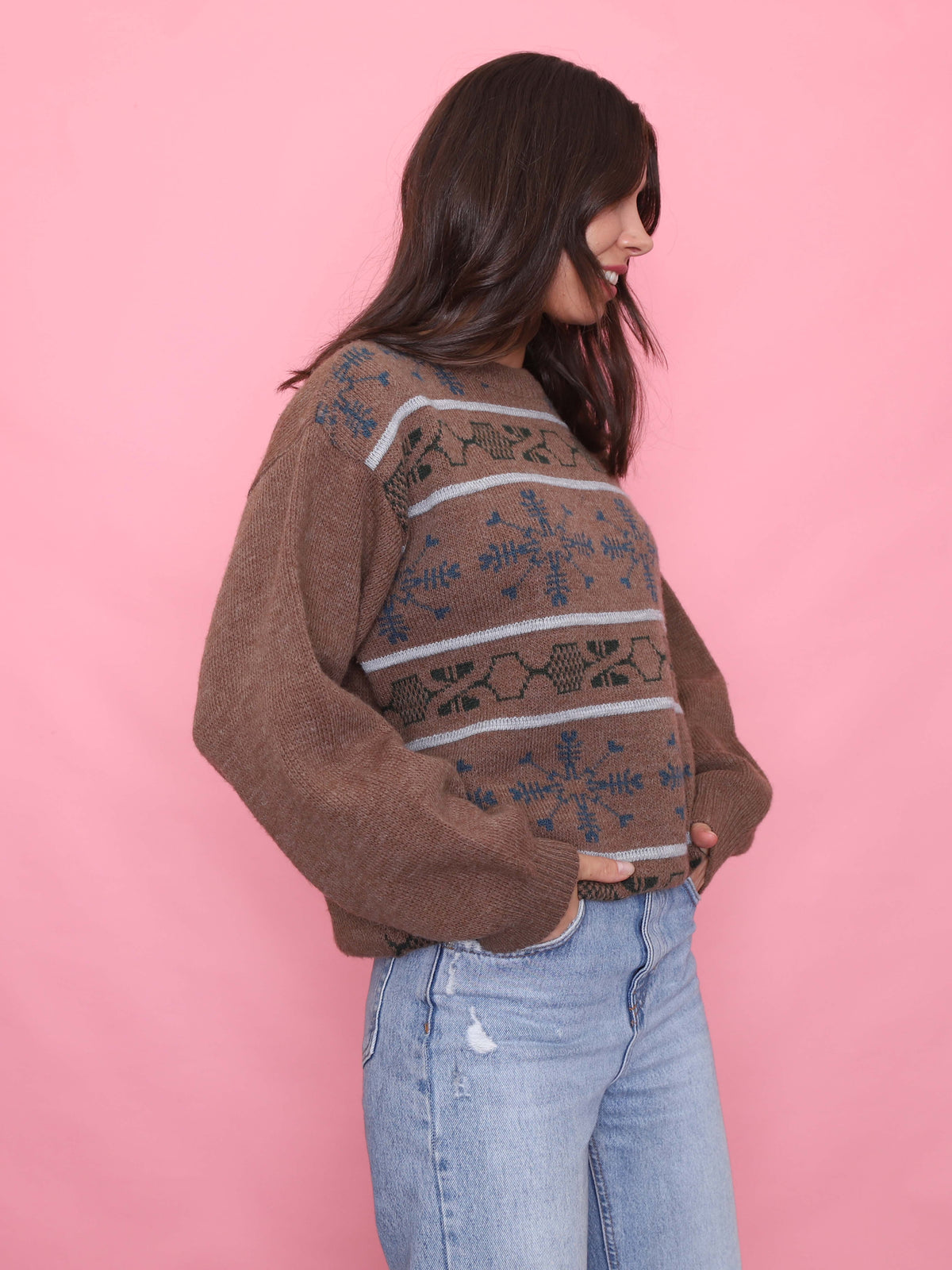 Vintage Brown Knit Jumper with Nordic Snowflake Pattern