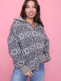 Vintage Pattern 1/4 Zip Knit Jumper Grey & Blue