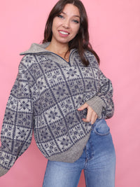Vintage Pattern 1/4 Zip Knit Jumper Grey & Blue