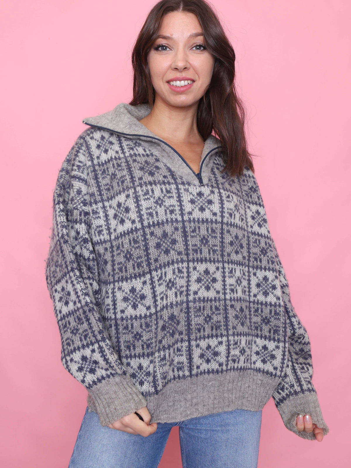 Vintage Pattern 1/4 Zip Knit Jumper Grey & Blue