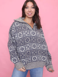 Vintage Pattern 1/4 Zip Knit Jumper Grey & Blue